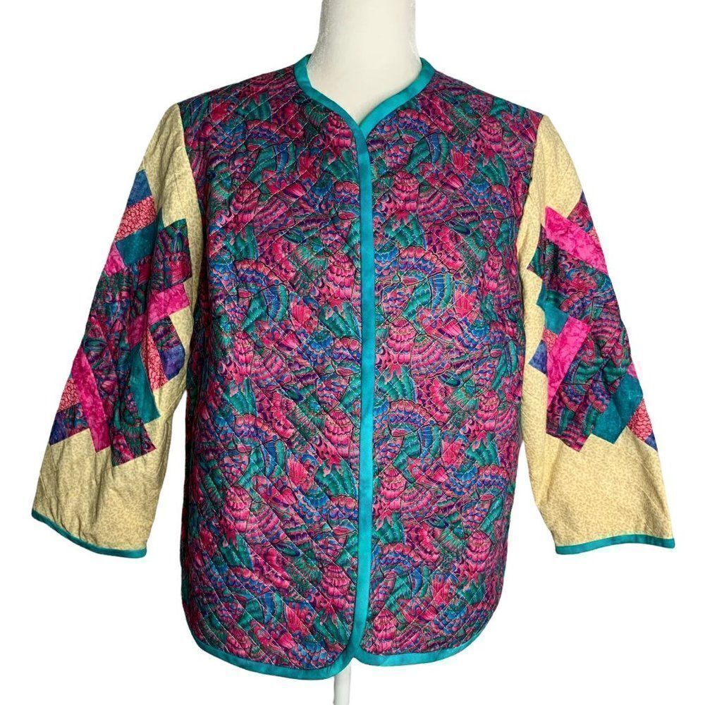 Vintage Upcycled Quilted Jacket M Pink Blue Floral Tie Dye Granny Core Patchwork